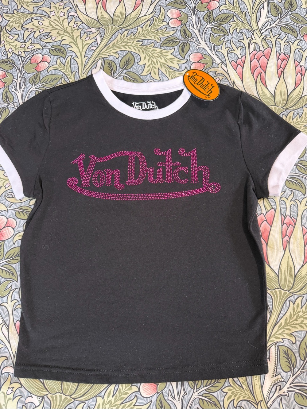 Von Dutch Black Tee with Pink Rhinestone Logo and White Trim
